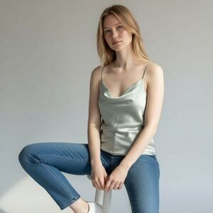 Meo Meli Pale Grey Satin Cowl Neck Camisole Tank, sz Med